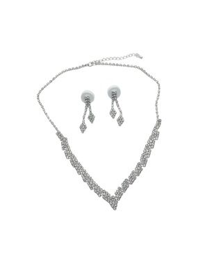 Crystal V-Front Necklace & Drop Earrings Set - Silver FINAL PRICE DROP